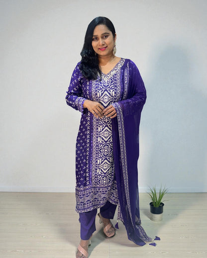 Purple Reena Silk C-cut Suit set - Set of 3