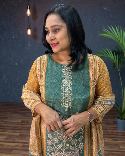 Green Brinda Crepe silk Farshi Salwar - Set of 3