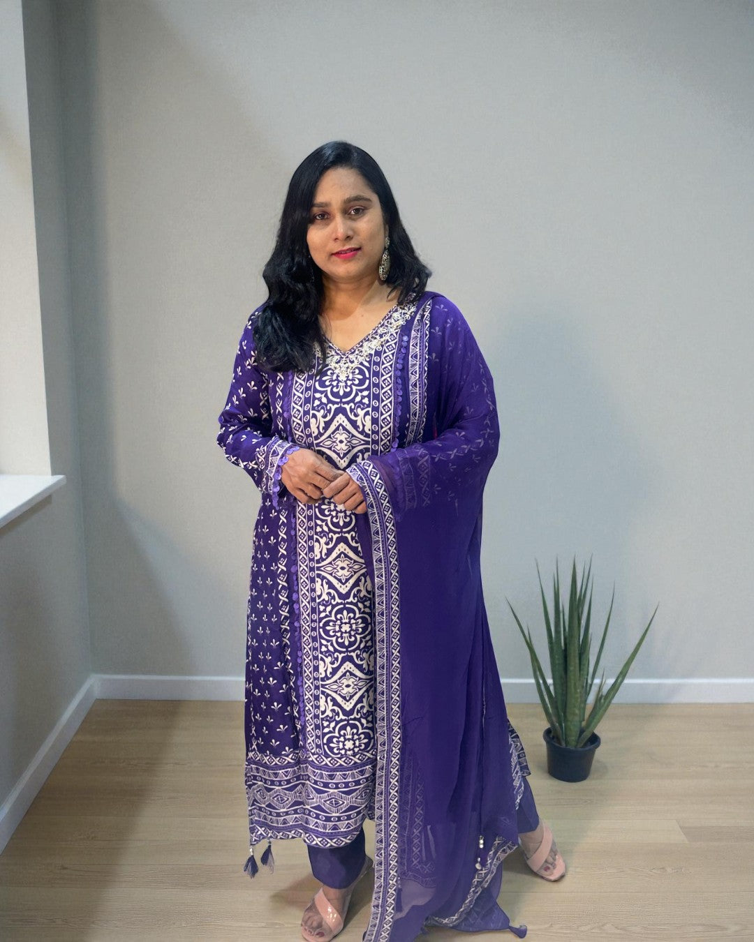 Purple Reena Silk C-cut Suit set - Set of 3