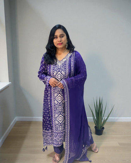 Purple Reena Silk C-cut Suit set - Set of 3