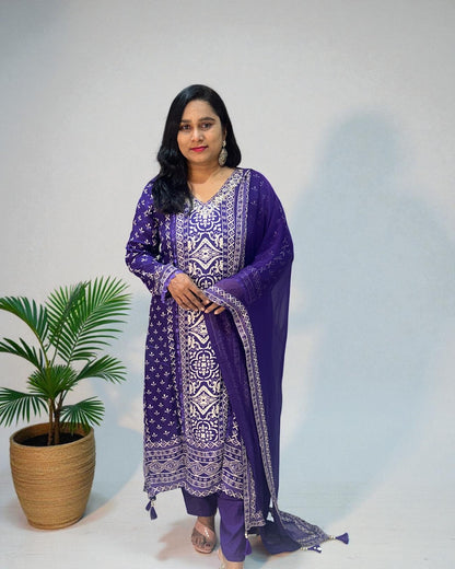Purple Reena Silk C-cut Suit set - Set of 3