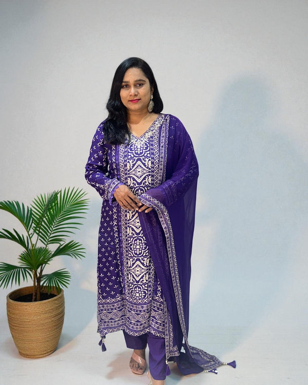 Purple Reena Silk C-cut Suit set - Set of 3