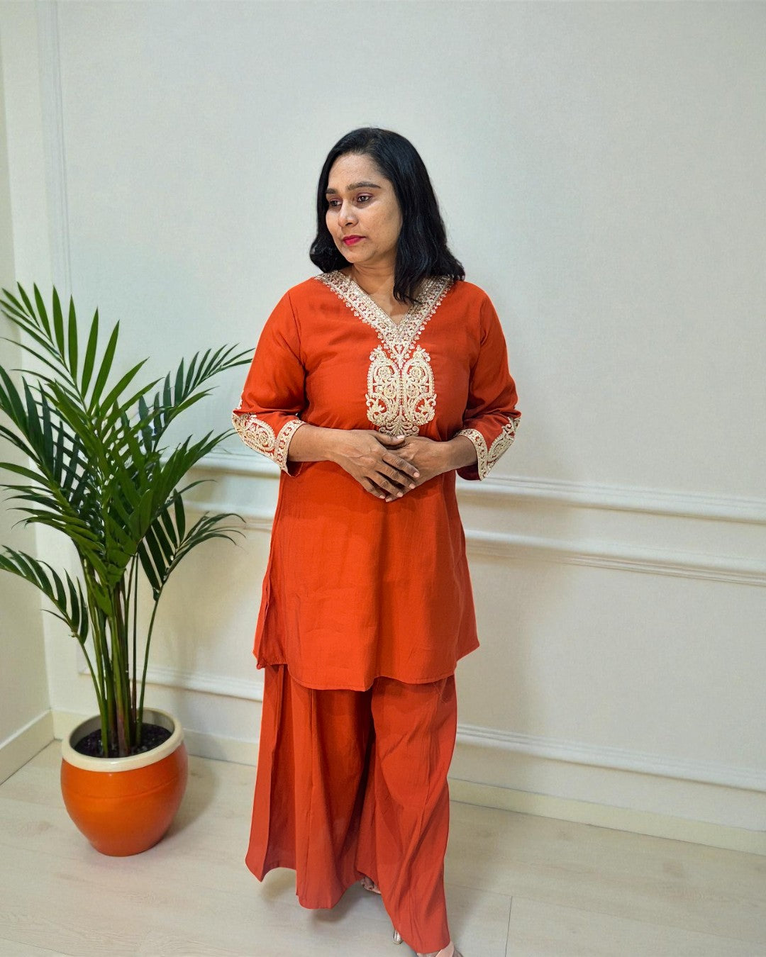 Rust Orange Radya Muslin silk Co-ord set -Set of 2