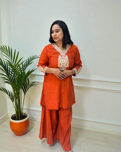 Rust Orange Radya Muslin silk Co-ord set -Set of 2