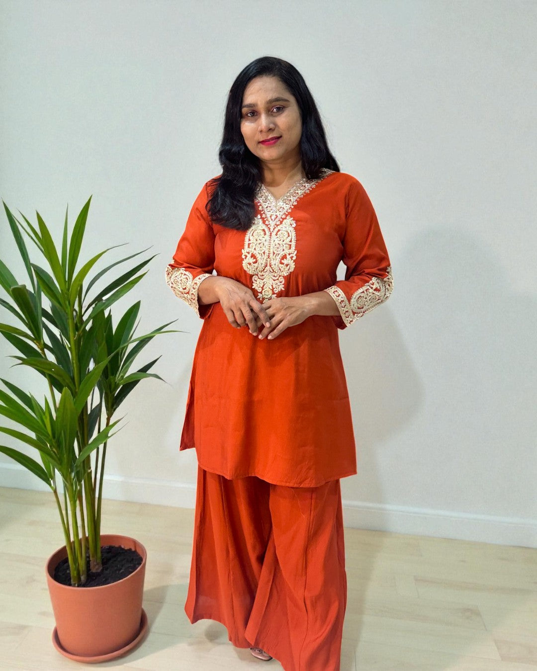 Rust Orange Radya Muslin silk Co-ord set -Set of 2