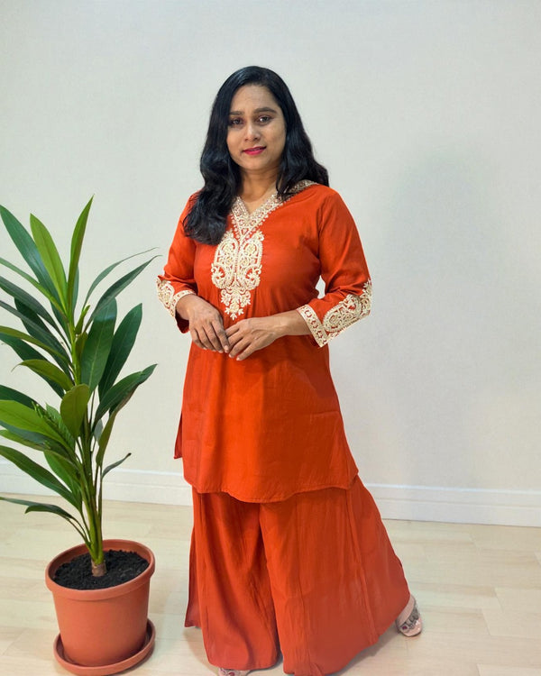 Rust Orange Radya Muslin silk Co-ord set -Set of 2