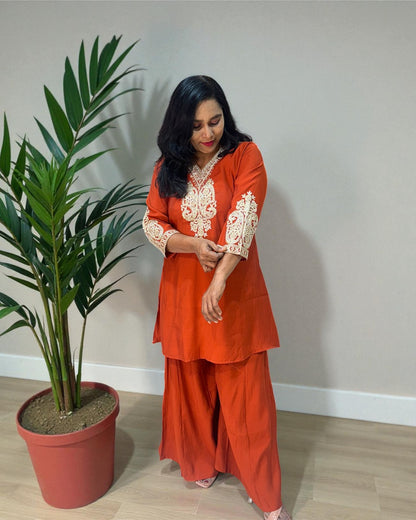 Rust Orange Radya Muslin silk Co-ord set -Set of 2