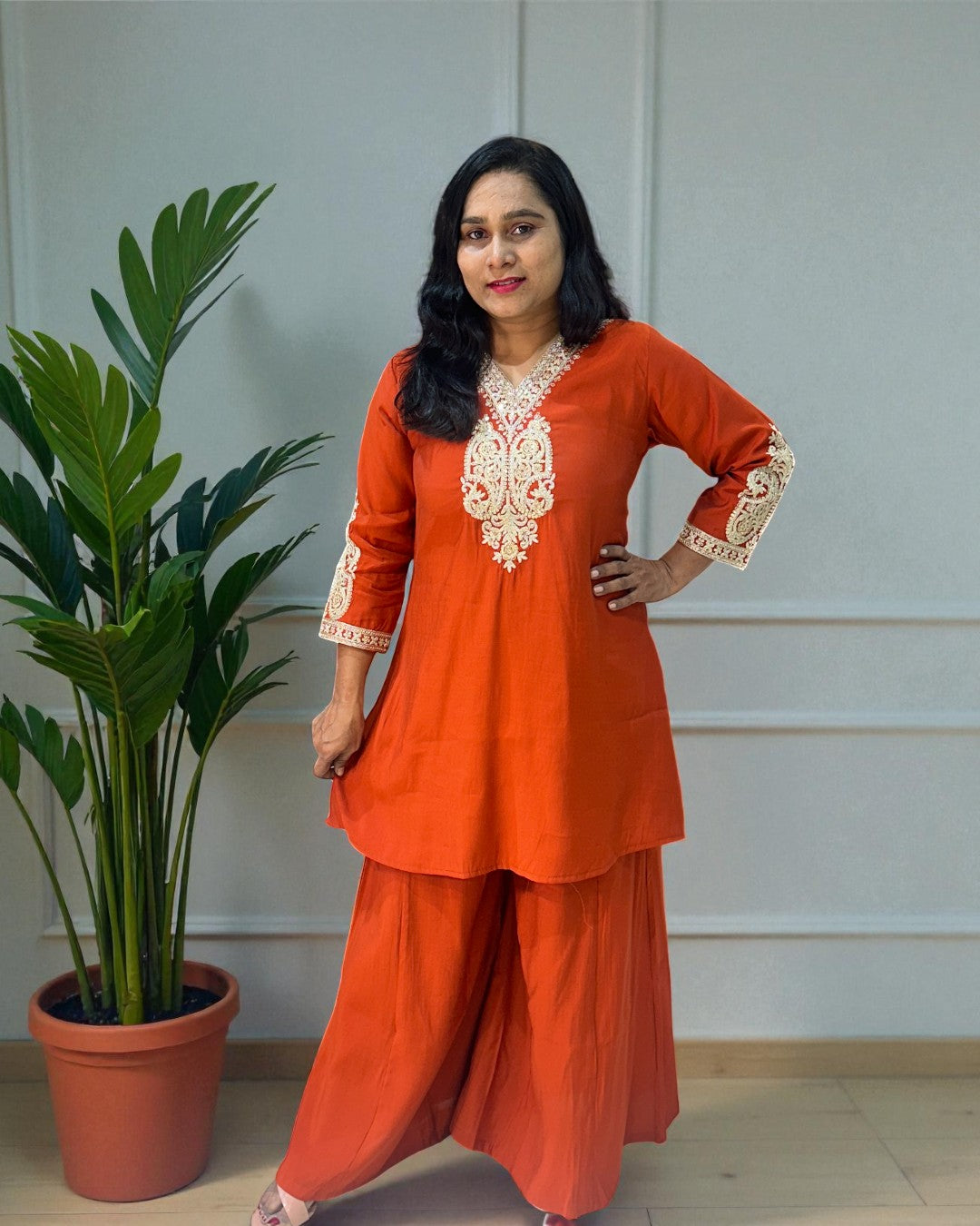 Rust Orange Radya Muslin silk Co-ord set -Set of 2