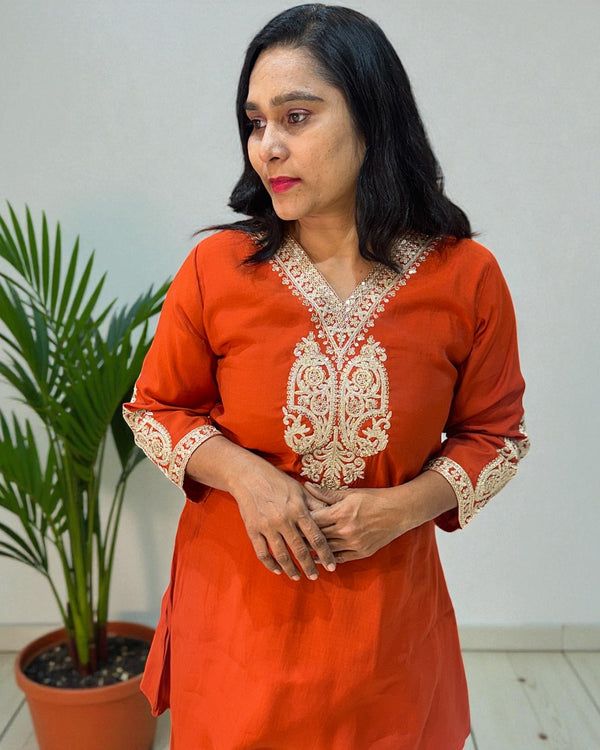 Rust Orange Radya Muslin silk Co-ord set -Set of 2