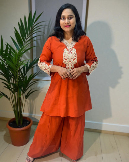 Rust Orange Radya Muslin silk Co-ord set -Set of 2