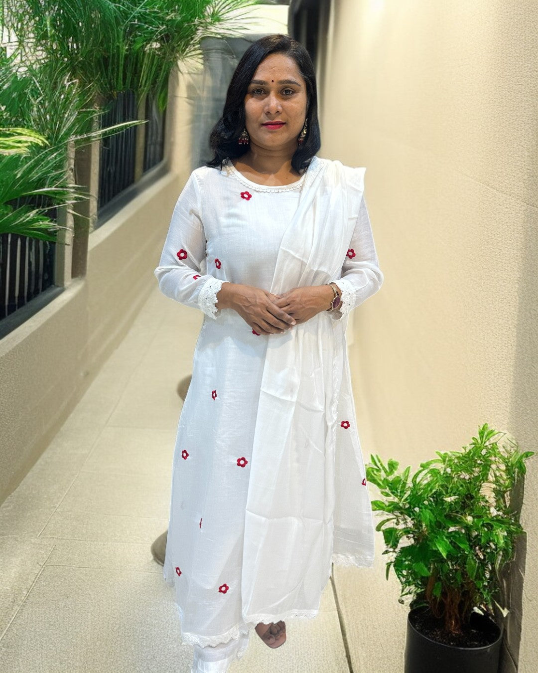 White Jessi Chanderi A Line suit set -  Set of 3