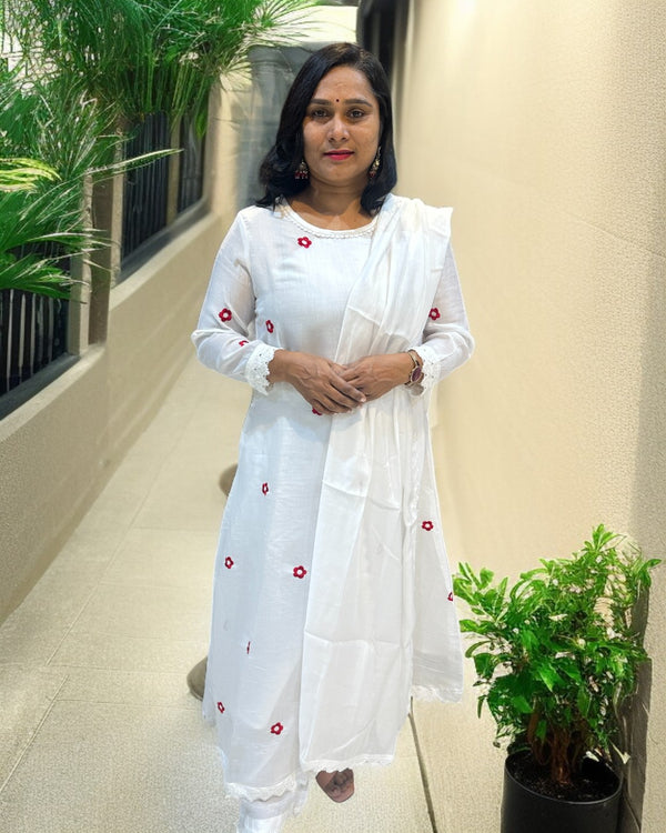 White Jessi Chanderi A Line suit set -  Set of 3