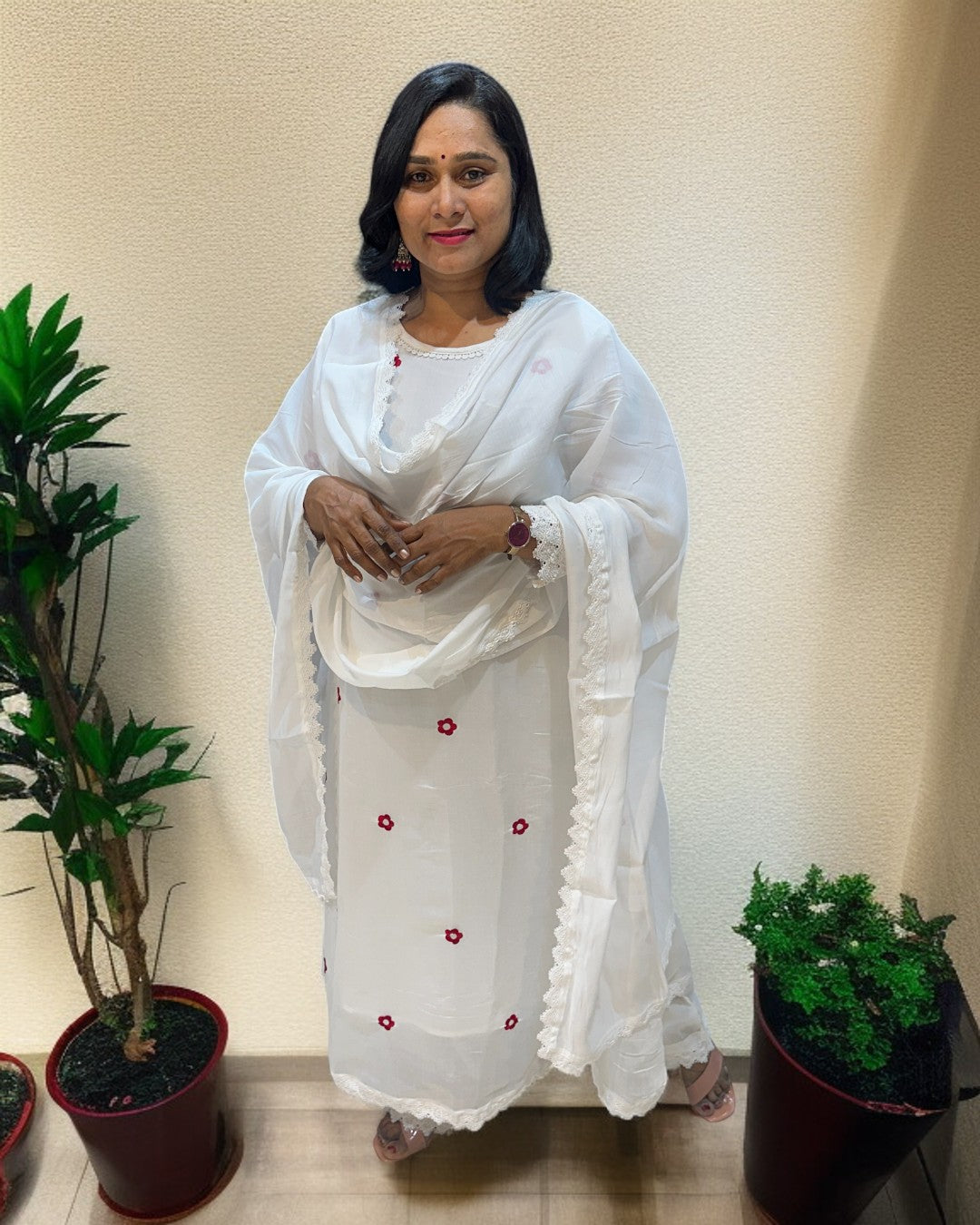 White Jessi Chanderi A Line suit set -  Set of 3