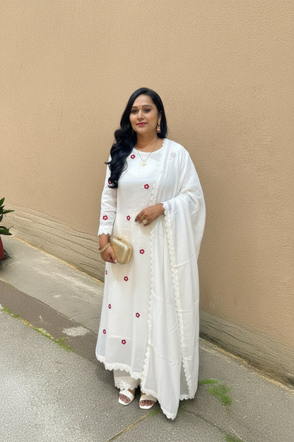 White Jessi Chanderi A Line suit set -  Set of 3