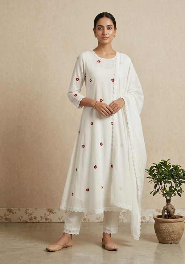 White Jessi Chanderi A Line suit set -  Best seller