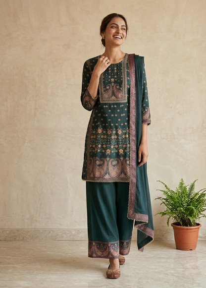 Green Miral Crepe Short Anarkali -Set of 3