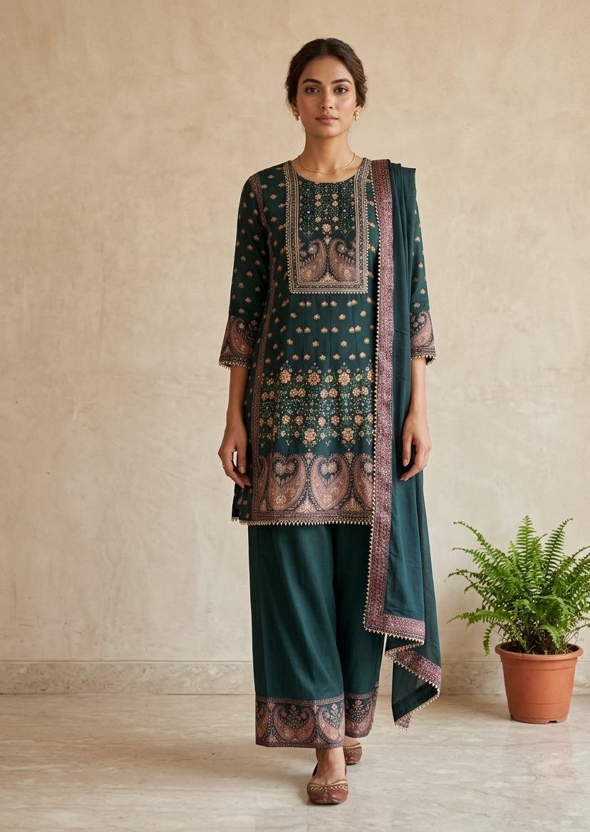 Green Miral Crepe Short Anarkali -Set of 3