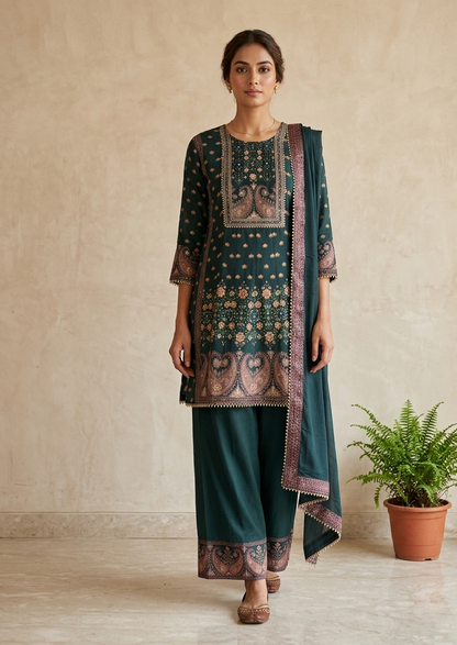 Green Miral Crepe Short Anarkali -Set of 3