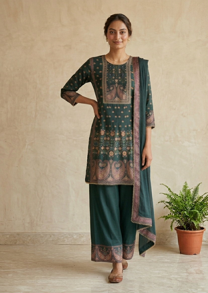 Green Miral Crepe Short Anarkali -Set of 3