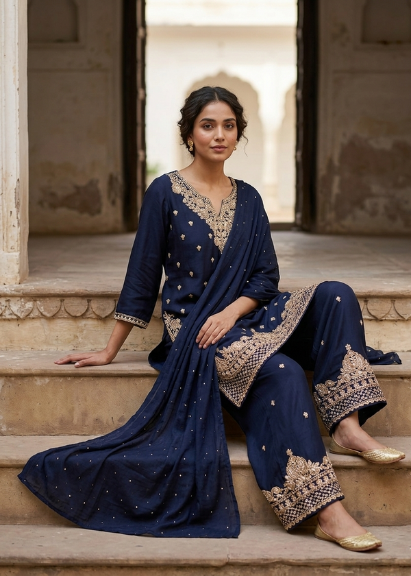 Navy Blue Amina Chinon Short Kurti
