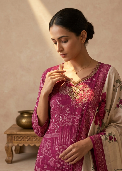 Magenta Vasudha Crepe silk Suit set