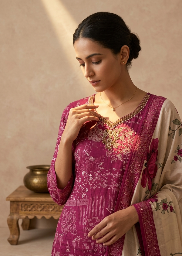 Magenta Vasudha Crepe silk Suit set