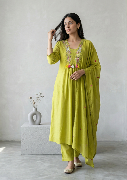 Neon Green Roohi  A line Dola silk Suit Set