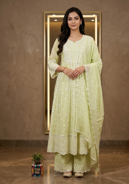 Pastel Green Mysha Mul Cotton Chikankari Anarkali Suit Set for Women