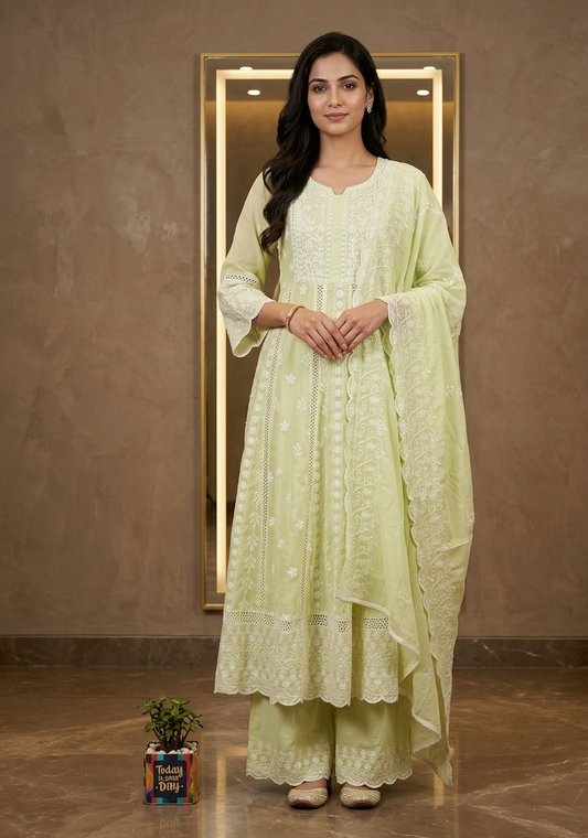 Pastel Green Mysha Mul Cotton Chikankari Anarkali Suit Set for Women