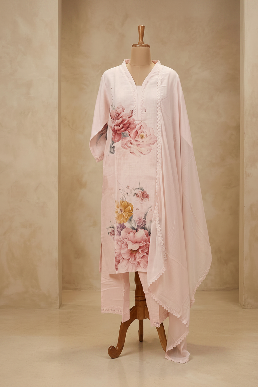 Pink Eka Semi lenin Suit set With Duppata