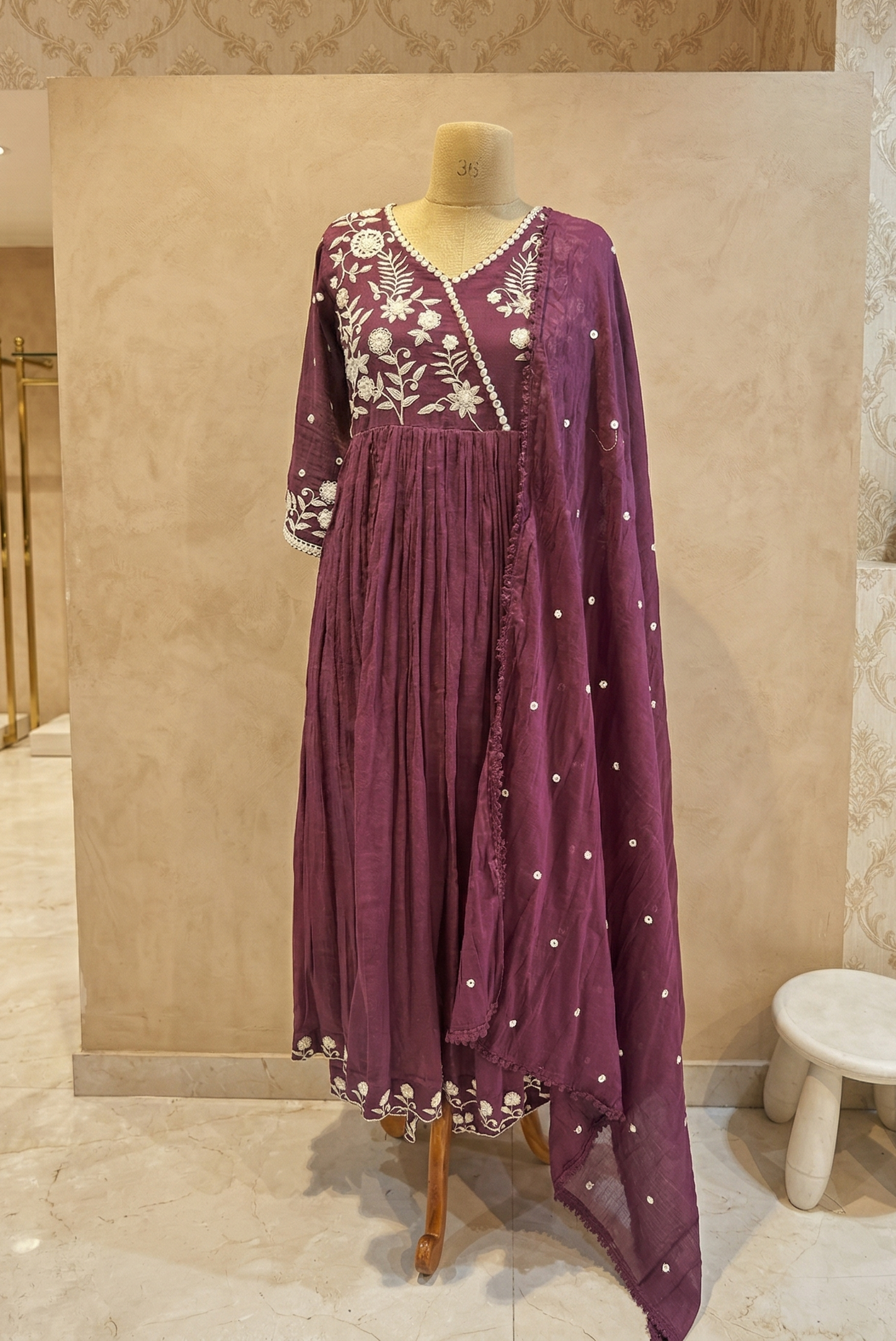 Wine Mul cotton Anarkali Suit Set With Duppata