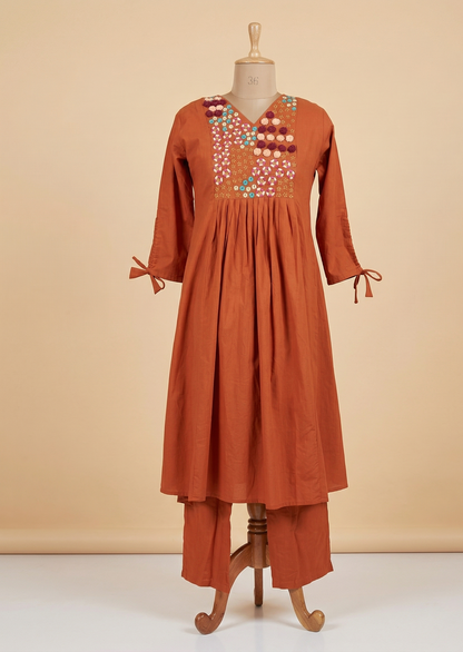Rust Orange Aarna Embroidered Cotton Kurta set