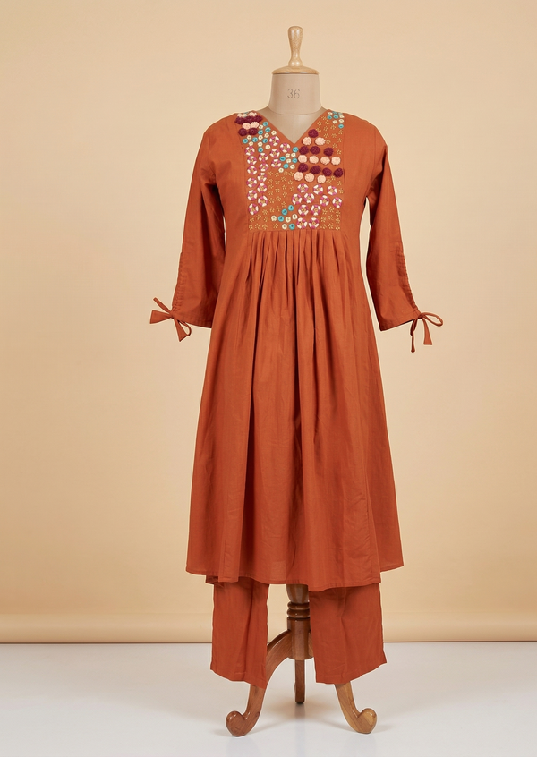 Rust Orange Aarna Embroidered Cotton Kurta set