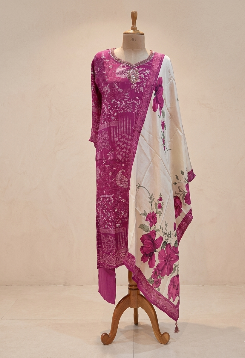 Magenta Vasudha Crepe silk Suit set