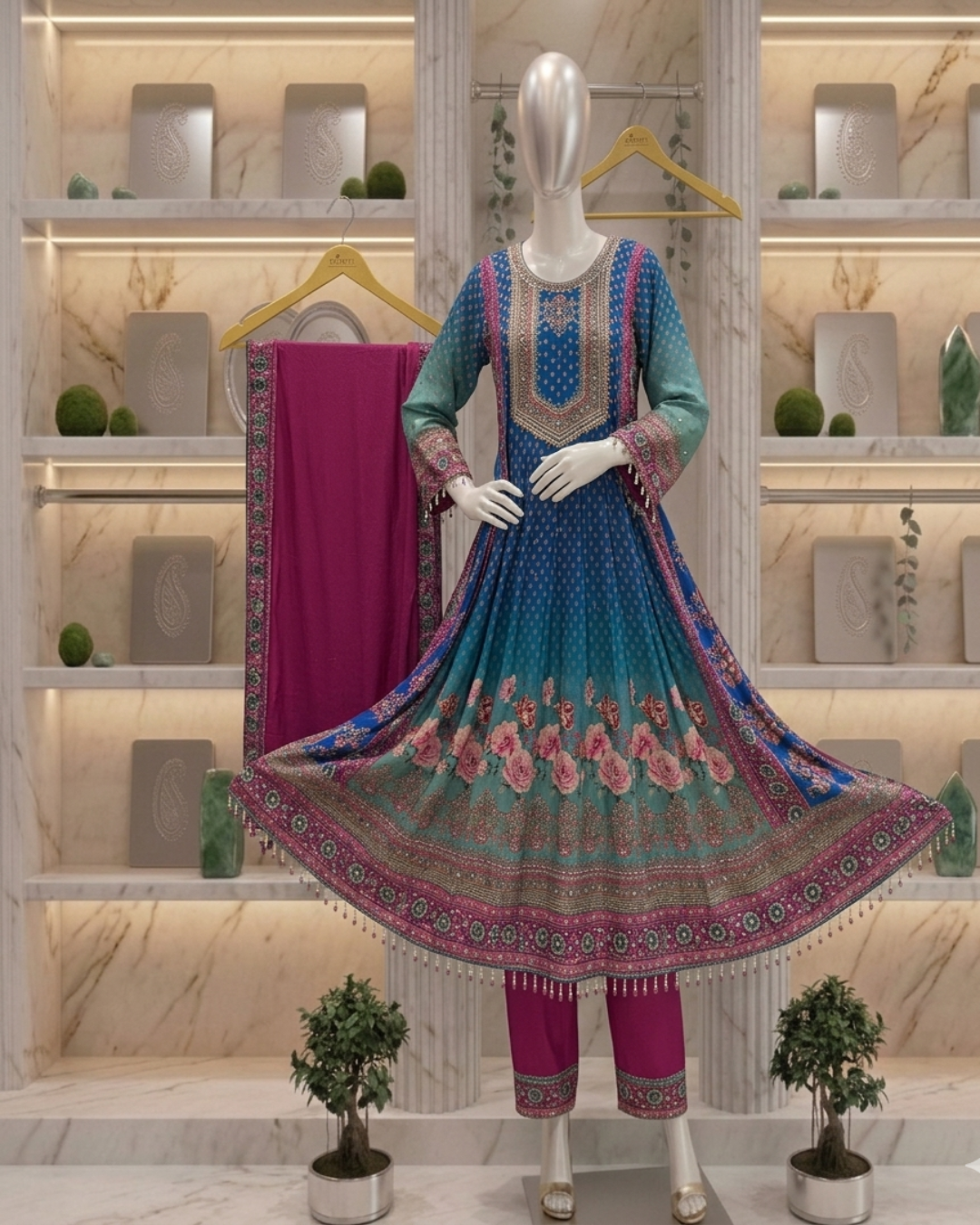 Blue Ombre Dola silk Anarkali Suit - set of 3