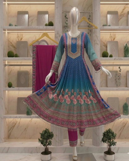 Blue Ombre Dola silk Anarkali Suit - set of 3