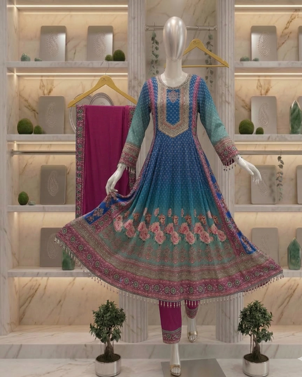 Blue Ombre Dola silk Anarkali Suit - set of 3