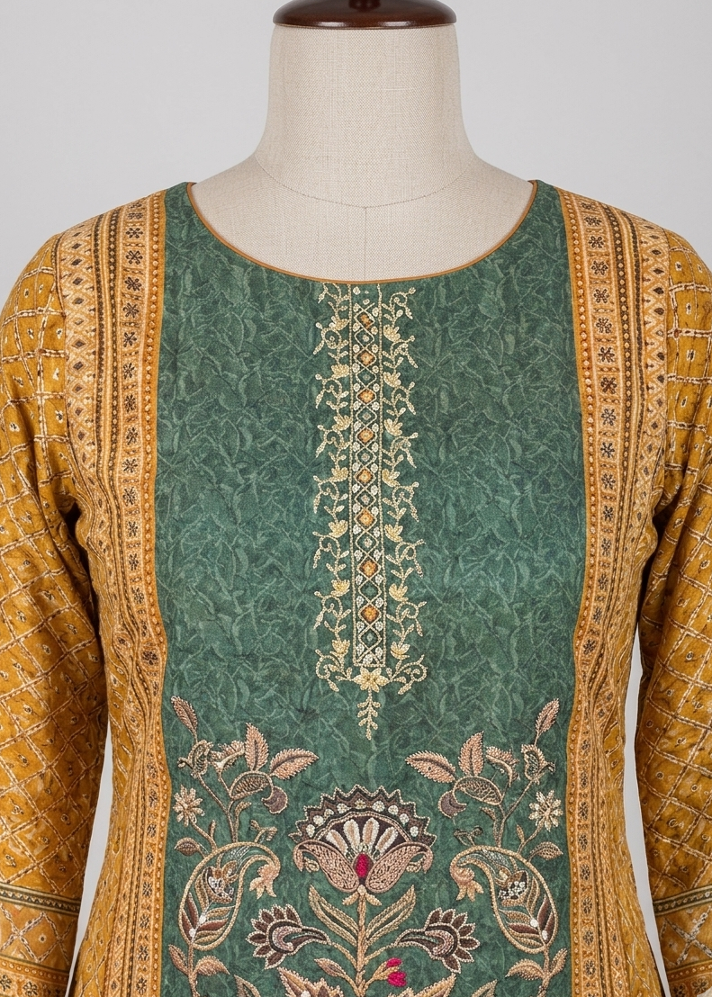 Green Brinda Crepe silk Farshi Salwar - Set of 3