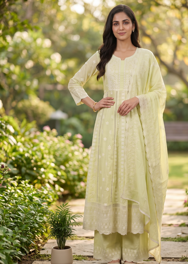 Pastel Green Mysha Mul Cotton Chikankari Anarkali Suit Set