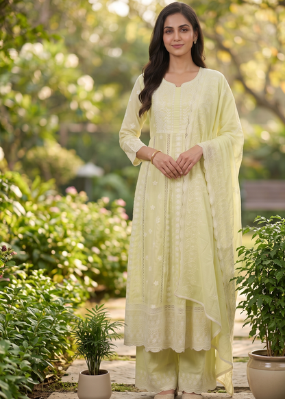 Pastel Green Mysha Mul Cotton Chikankari Anarkali Suit Set