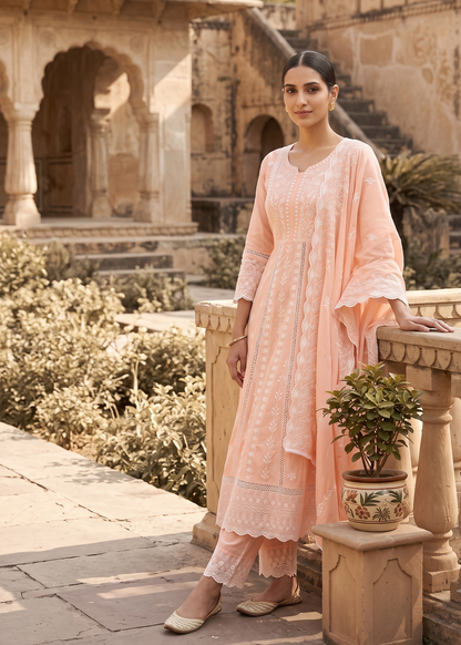Peach Mysha Mul Cotton Chikankari Anarkali Suit Set