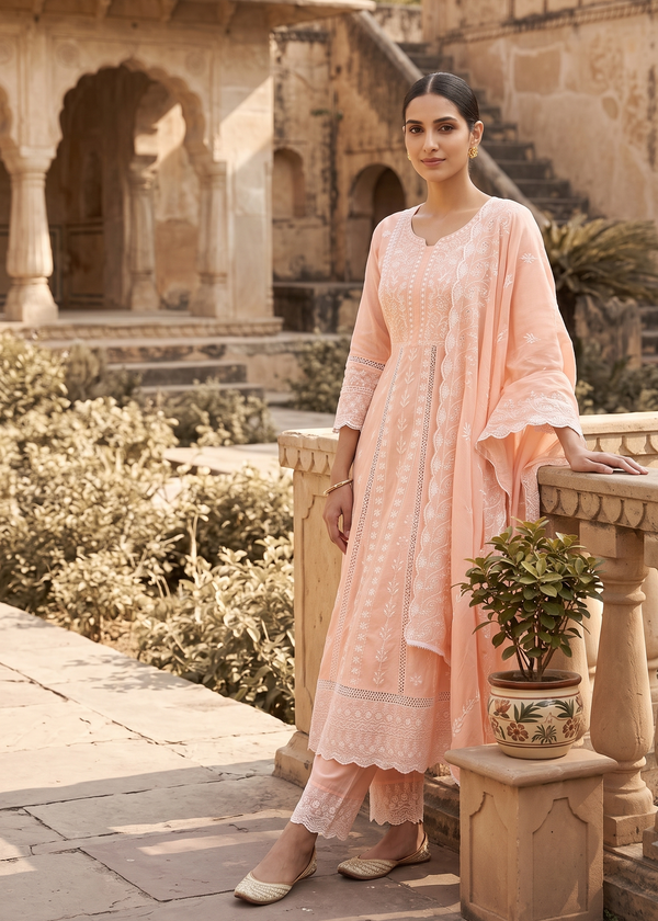 Peach Mysha Mul Cotton Chikankari Anarkali Suit Set