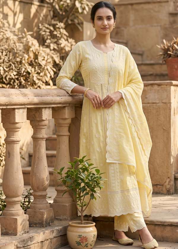Yellow Mysha Mul Cotton Chikankari Anarkli Suit Set