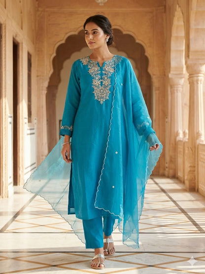 Blue Nila Muslin silk suit set - Set of 3