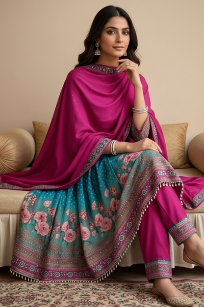 Blue Ombre Dola silk Anarkali Suit - set of 3