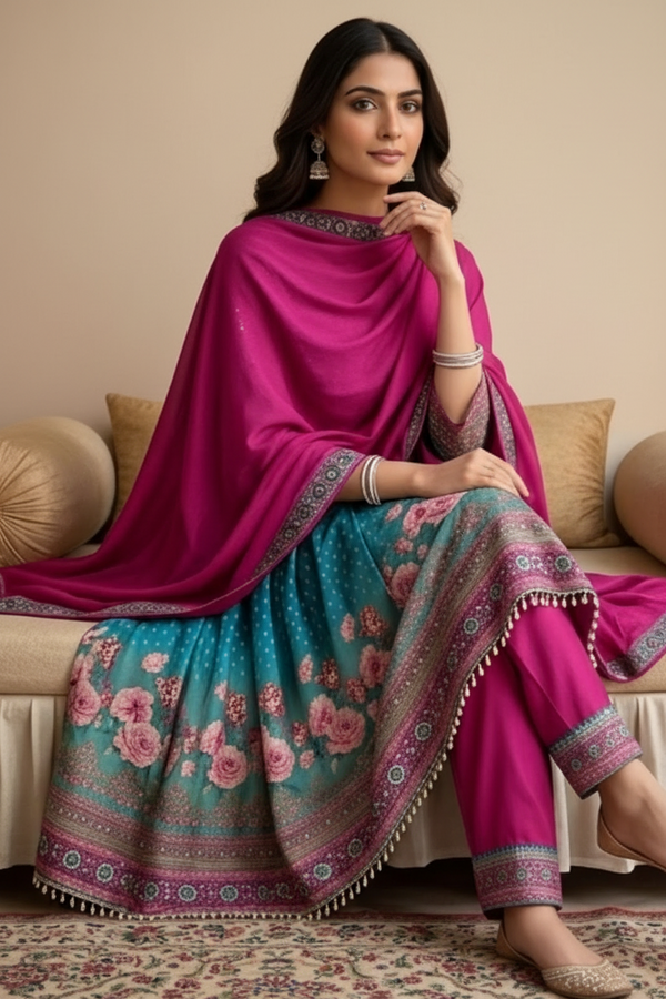 Blue Ombre Dola silk Anarkali Suit - set of 3