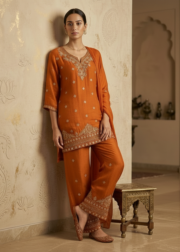 Rust Orange Amina Chinon Short Kurta