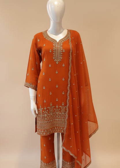 Rust Orange Amina Chinon Short Kurta