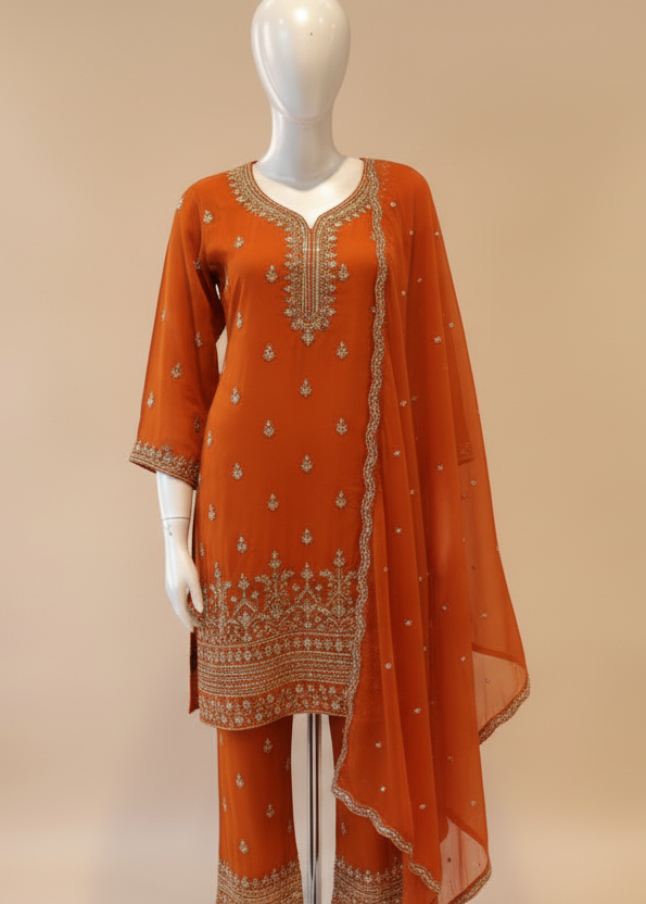 Rust Orange Amina Chinon Short Kurta