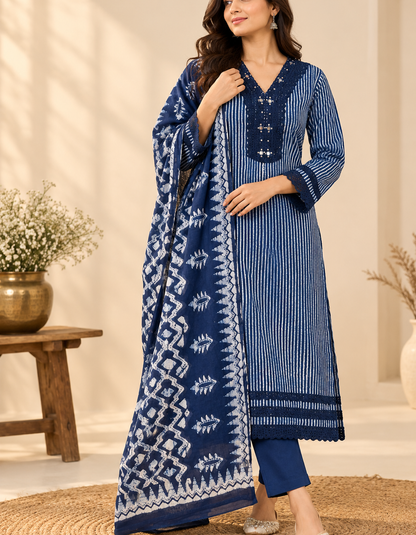 Indigo Laya Shibori Cotton Suit set - Set of 3